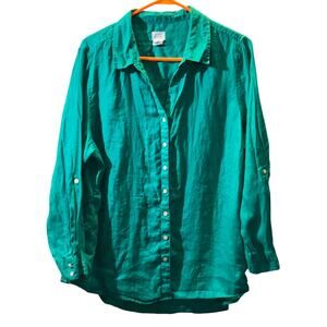 Sigrid Olsen green button up linen shirt Beachy boho travel 1X